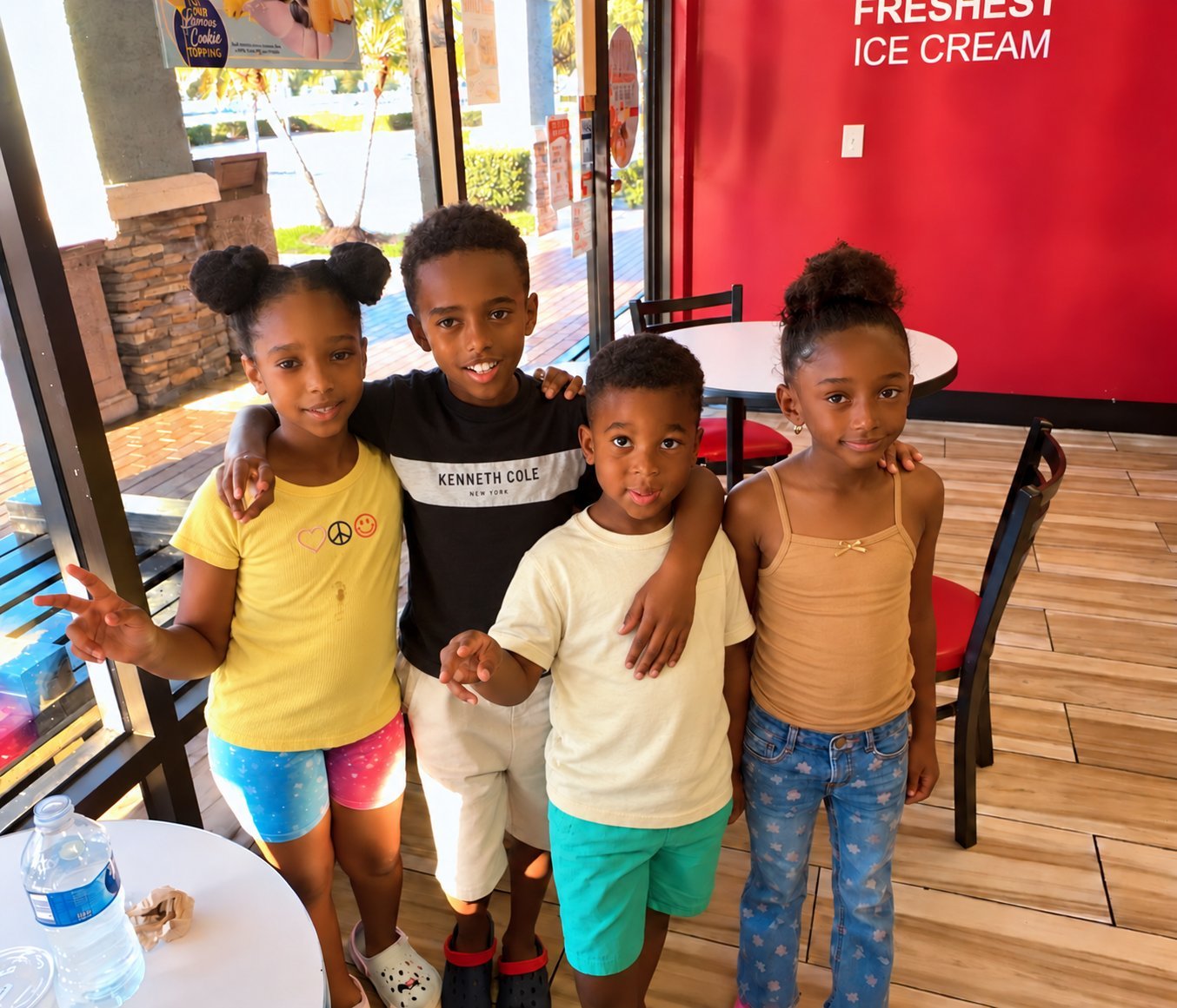 Four smiling children with their arms around each other